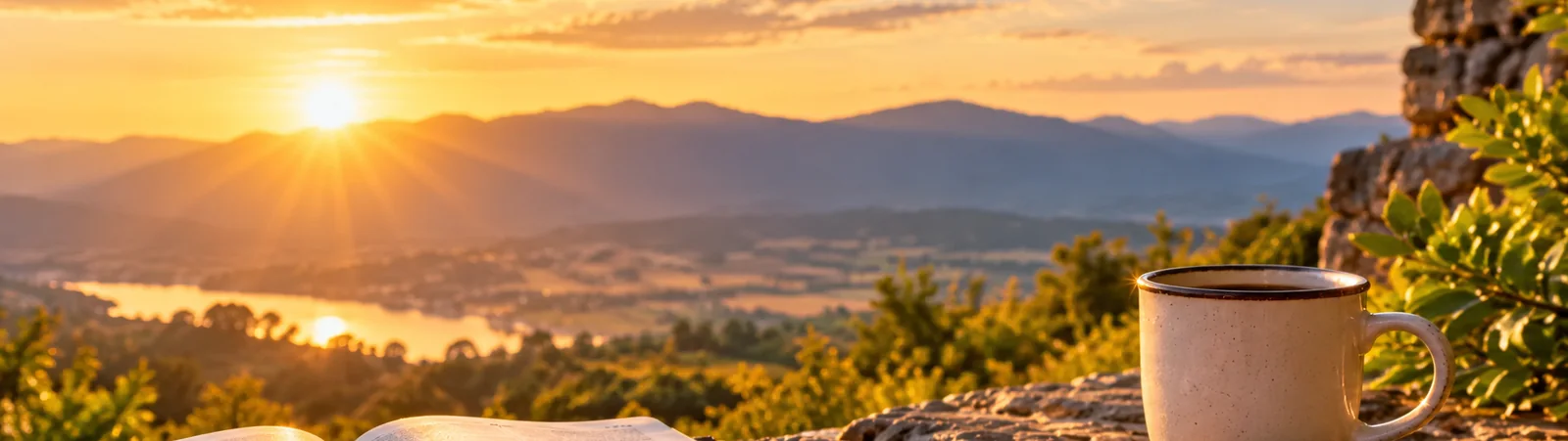 Open scriptures and a warm drink overlooking a peaceful sunrise landscape